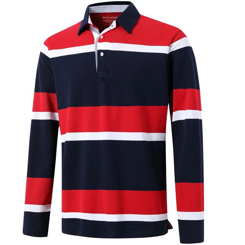 P POLAFLON Men's Polo Shirts Long Sleeve Striped Dry Fit Casual Collared Pique Golf Polo Shirts for Men, Navy Red-a, Large