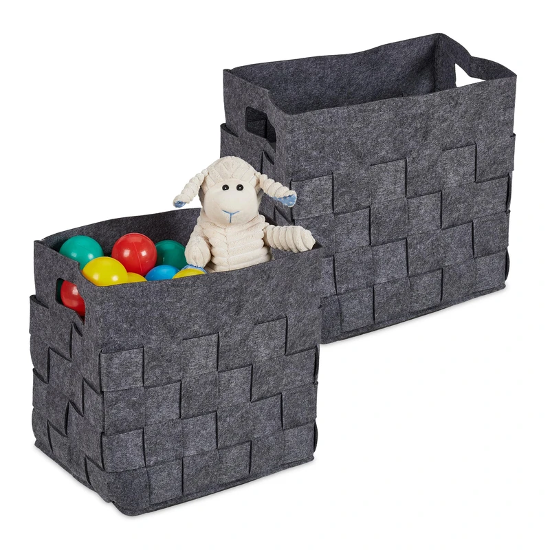 Relaxdays Set of 2 Storage Basket, Foldable Shelf Box, Bathroom, Toys, 30x30x24 cm, Felt Containers with Handles, Grey, 30 x 30 x 24 cm