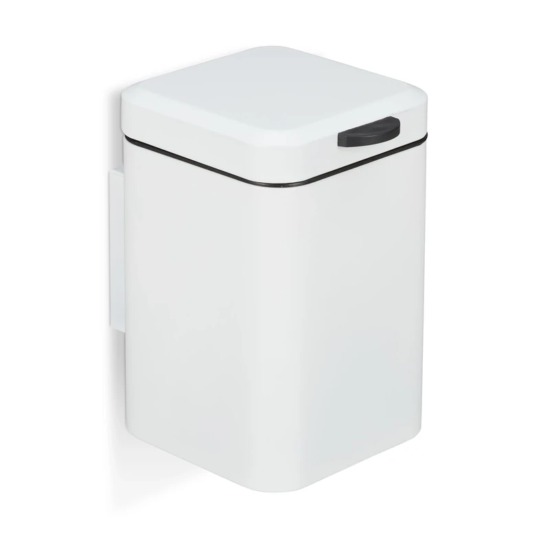 Relaxdays Bathroom Wall Bin, 6 Litres, Automatic Closure, Inner Container, Metal, Matte, Sanitary Waste, Square, White, Iron, 29.5 x 20 x 27 cm