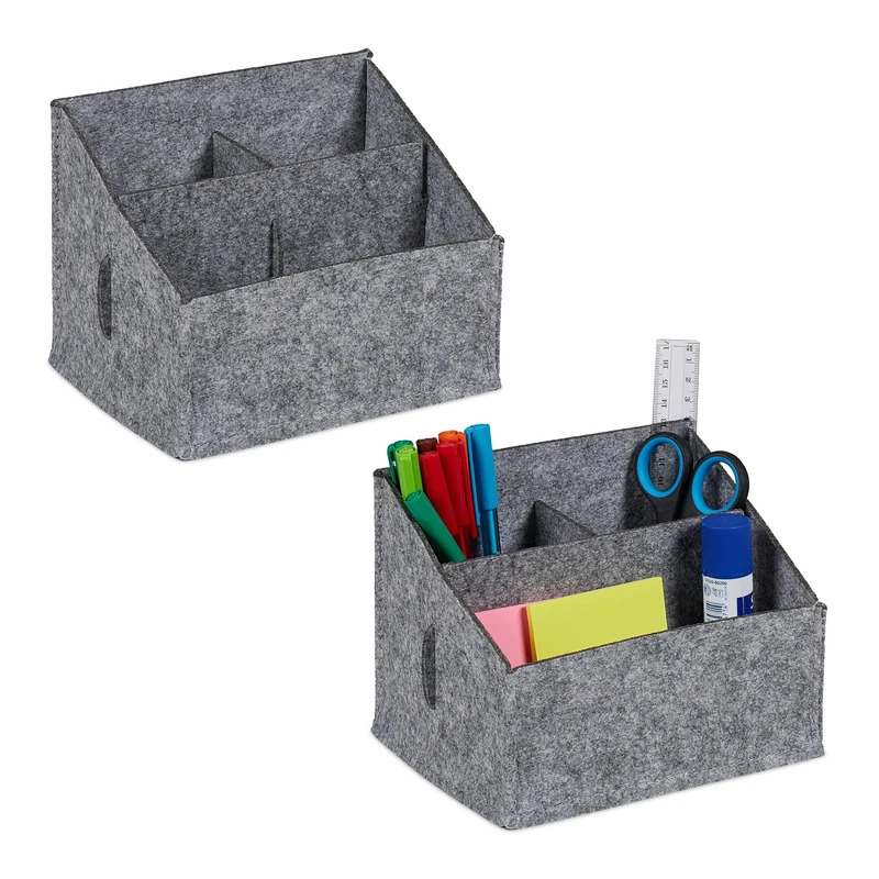 Relaxdays Set of 2 Desk Organisers, Made of Felt, 3 Compartments, Remoavable Divider, HxWxD: 14 x 18 x 14.5 cm, Grey