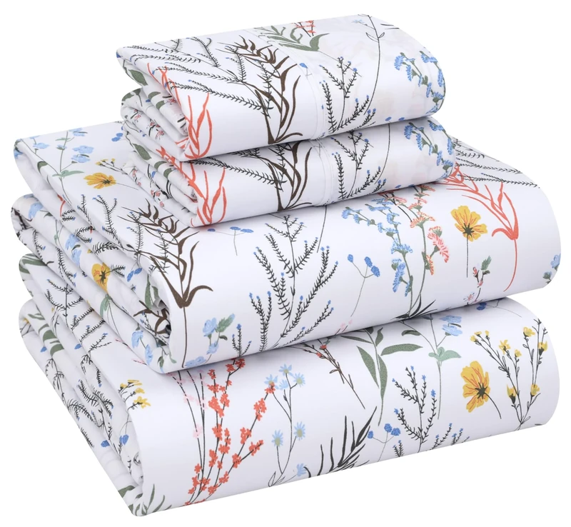 Ruvanti 100% Cotton Sheets Queen Size Set, 4 Pieces, Soft & Breathable Percale Weave Bedding, Deep Pocket 16", Hotel Standard, Crisp Cool Feeling, Durable, Perfect Floral Bed Sheet, Aroma