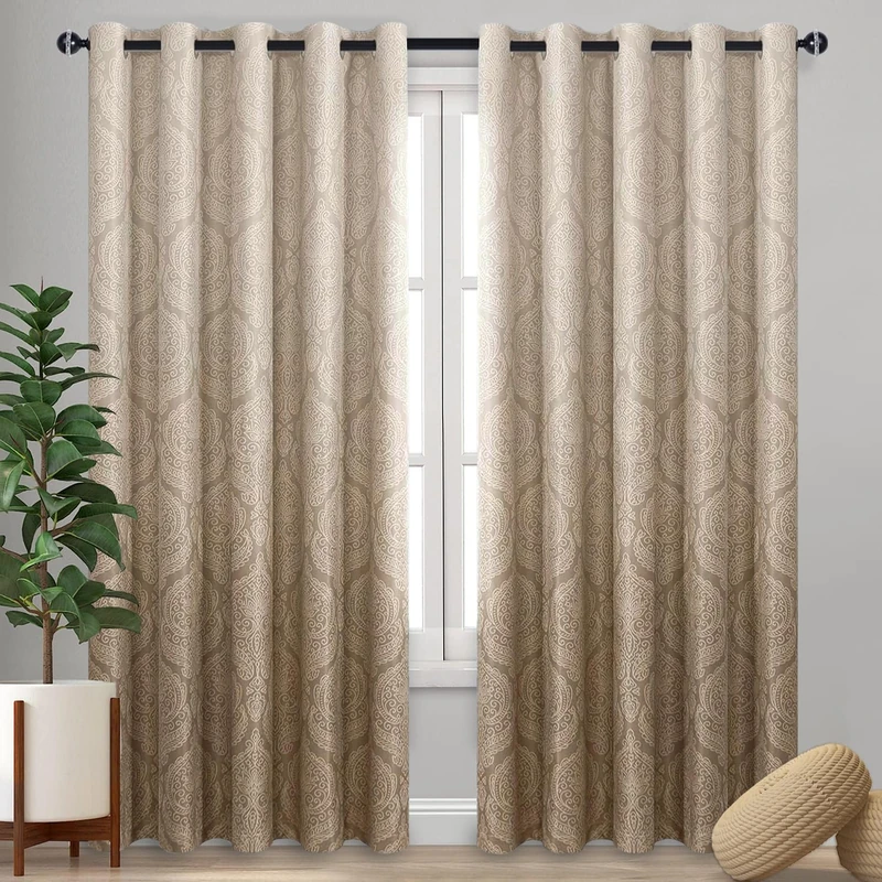 DWCN Ombre Room Darkening Curtains for Living Room - Damask Patterned Thermal Insulated Energy Saving Grommet Curtains for Bedroom, Gradient Window Curtain Panels 80 x 84 inch Length, Taupe, 2 Panels