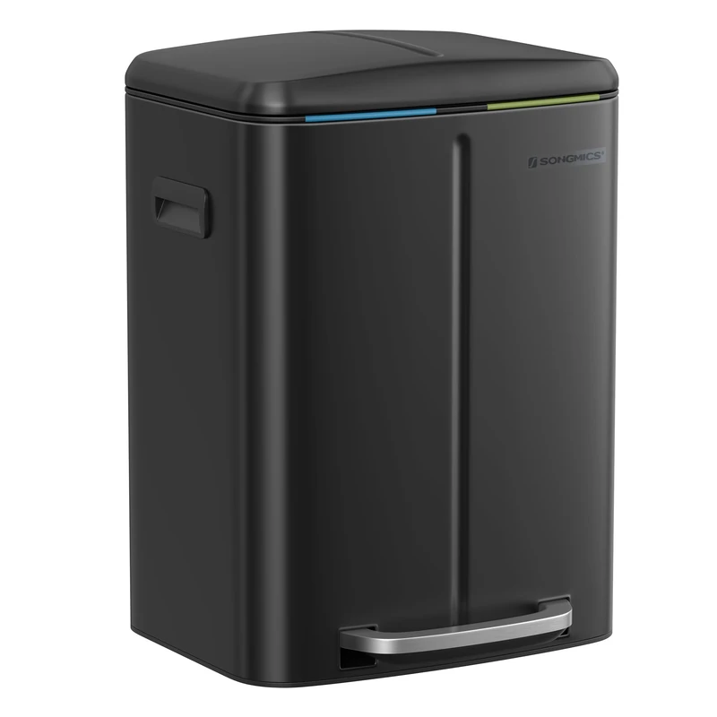 SONGMICS LTB40B02 Kitchen Bin with Two Plastic Inner Buckets (2 x 20 Litres) Metal Pedal Opening Pedal Plastic Inner Soft Close Lid with Handles Odour Resistant Black