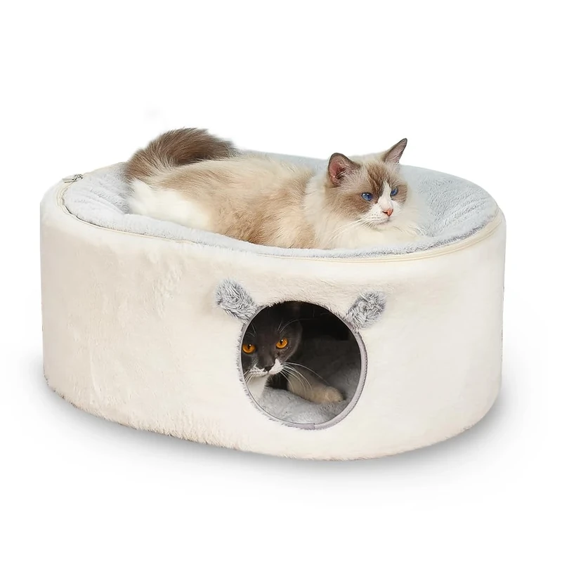 Zoratoo Noncollapsing Cat House with Robust Metal Frame, Two Layers Cat Bed Cat Cave with Removable Enclosed Fluffy Cover for Indoor Cats, Kittens and Puppies (Enclosed Cat House)