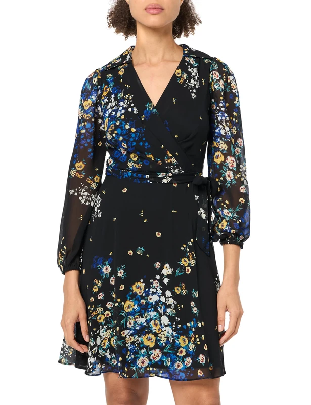 DKNY Women's Long Sleeve Faux Wrap Dress, Black/Golden, 16/Petite