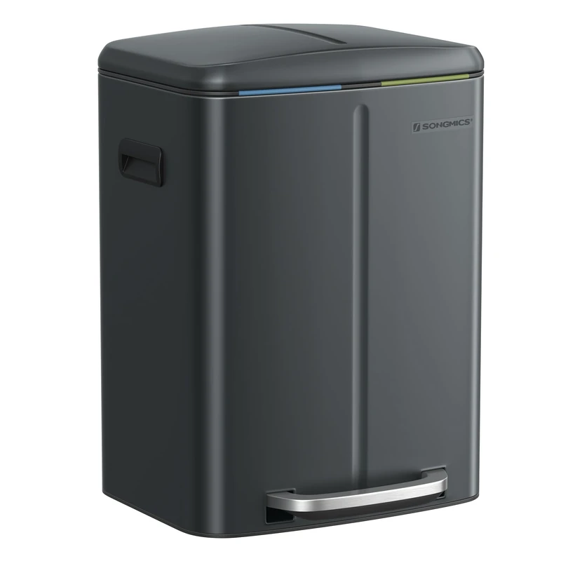 SONGMICS Grey Kitchen Bin with Two Plastic Inner Buckets (2 x 20 Litres) Metal Pedal Open Pedal Plastic Inner Soft Close Lid with Handles LTB40G02
