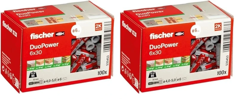 fischer DuoPower 6 x 30, Powerful Universal Plug with Intelligent 2-Component Technology for fastenings in Concrete, Bricks, Gypsum plasterboard, chipboard, etc., 100 Plugs Without Screws (Pack of 2)