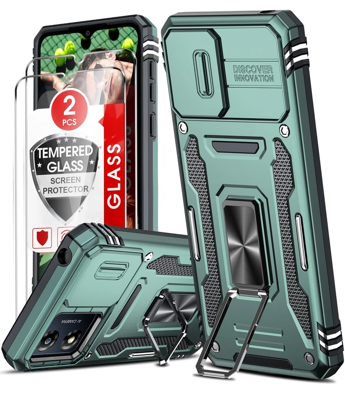 LeYi for Motorola Moto E13 Phone Case, with Camera Lens Cover Slider, 2 Pack Screen Protectors, Ring Stand Holder Military Grade Protective Shockproof Armour Cover for Moto E13, Light Green