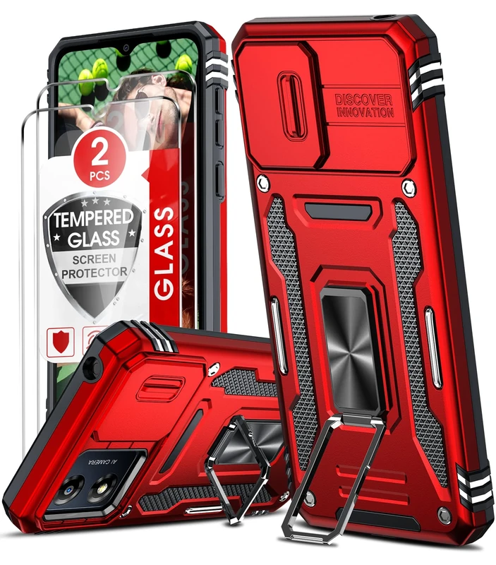 LeYi for Motorola Moto E13 Phone Case, with Camera Lens Cover Slider, 2 Pack Screen Protectors, Ring Stand Holder Military Grade Protective Shockproof Armour Cover for Moto E13, Red