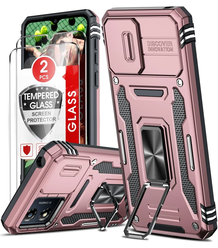 LeYi for Motorola Moto E13 Phone Case, with Camera Lens Cover Slider, 2 Pack Screen Protectors, Ring Stand Holder Military Grade Protective Shockproof Armour Cover for Moto E13, Rose Gold