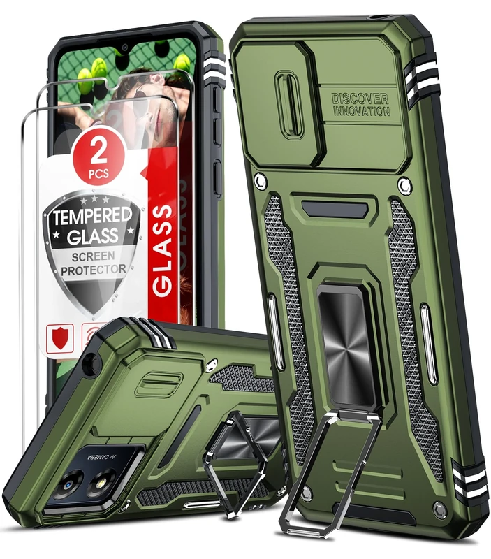 LeYi for Motorola Moto E13 Phone Case, with Camera Lens Cover Slider, 2 Pack Screen Protectors, Ring Stand Holder Military Grade Protective Shockproof Armour Cover for Moto E13, Green