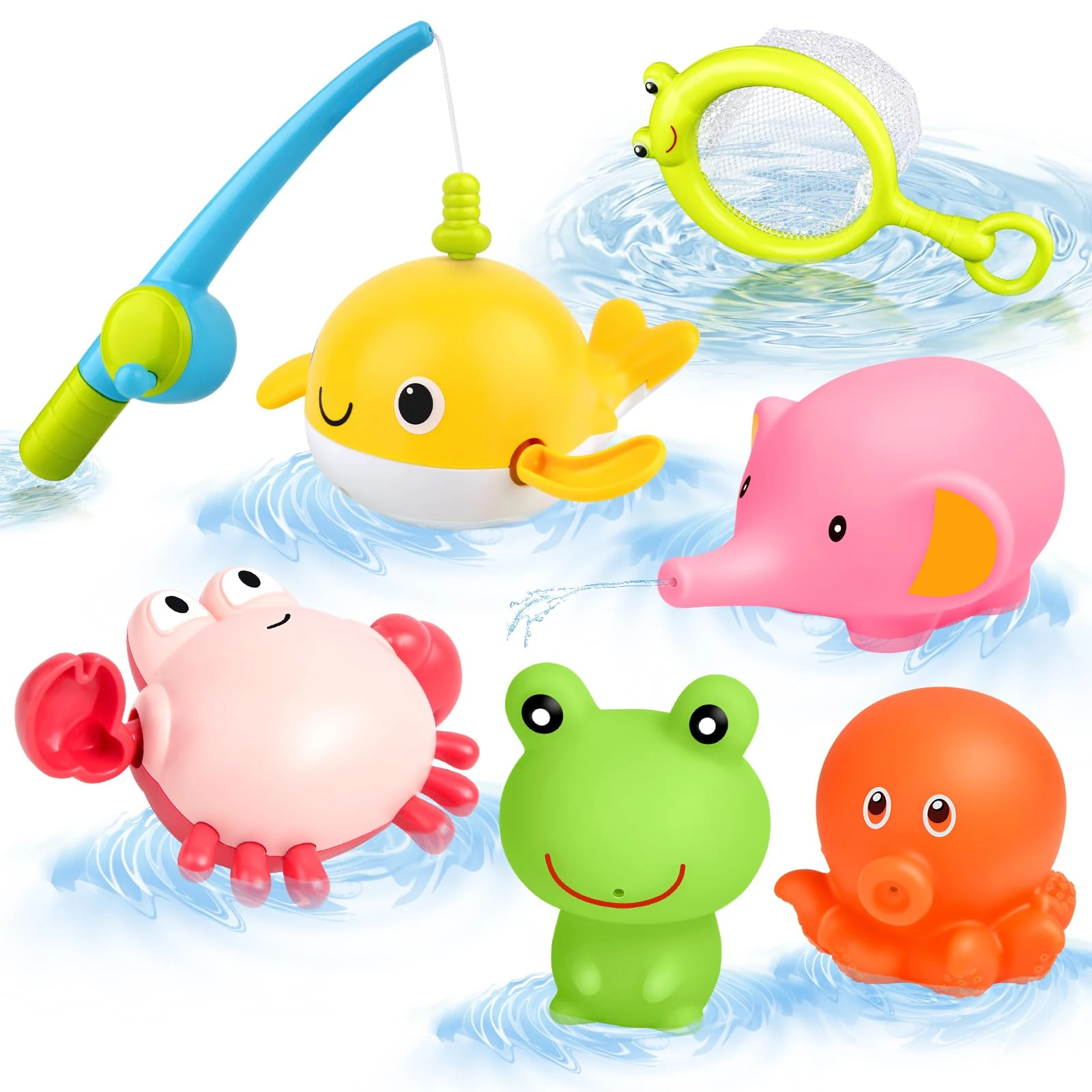 twoonto Baby Bath Toys, Wind Up Magnetic Fishing Games Bathroom Squirt Toy with Fishing Net, Floating Pool Bathtub Toys, Montessori Toys for Toddlers, Boys, Girls (Style B)
