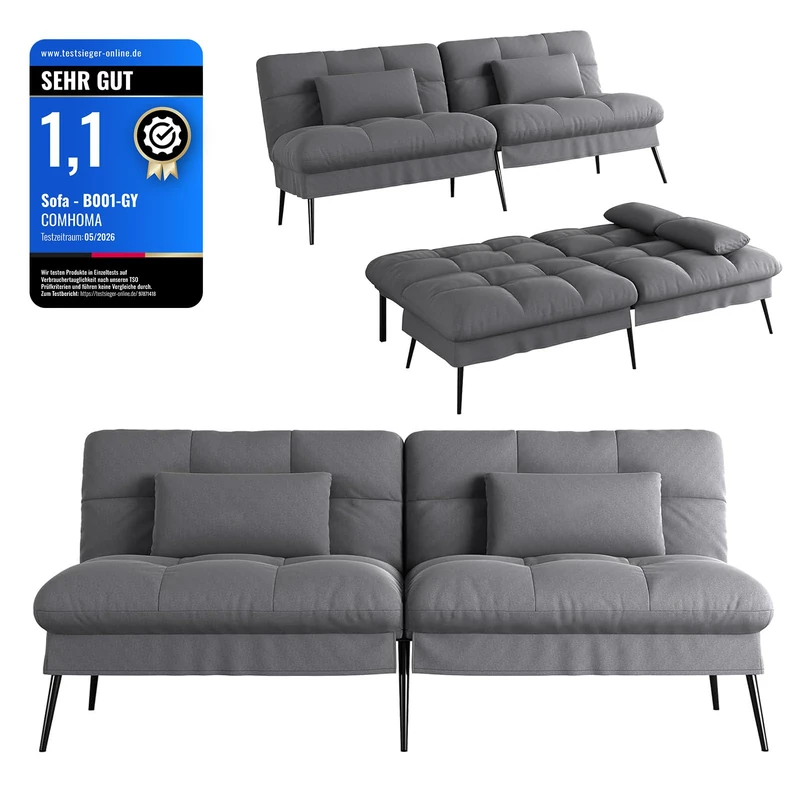 COMHOMA Fabric Sofa Bed 3 Seater Upgraded Frame 5-Gear Back Angle Adjustable Futon Sofa for Living Room, Guest Room (Fabric, Grey)