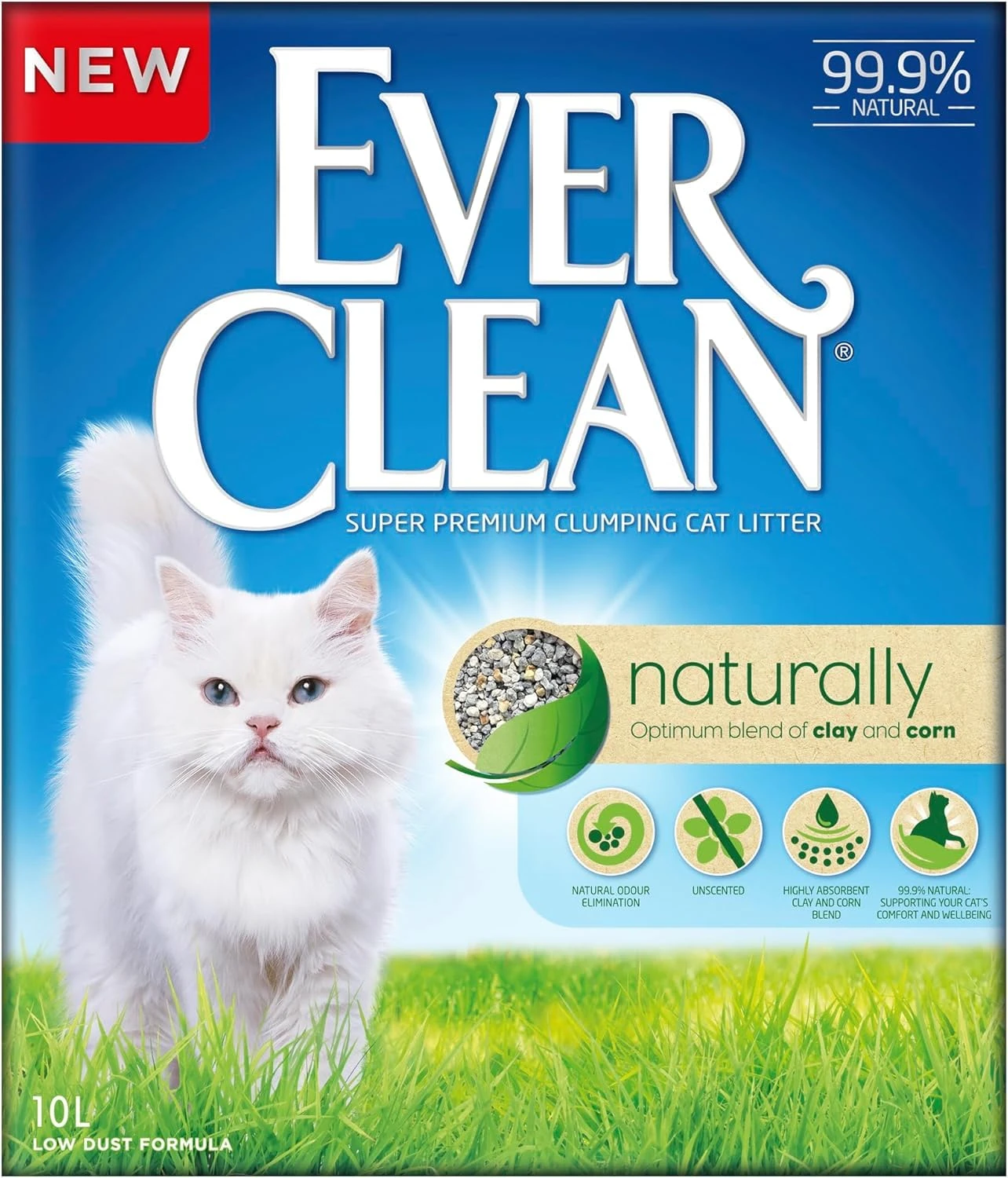 Ever Clean Naturally - 99.9% Natural clumping cat Litter with an optimal blend of clay and corn, 10L