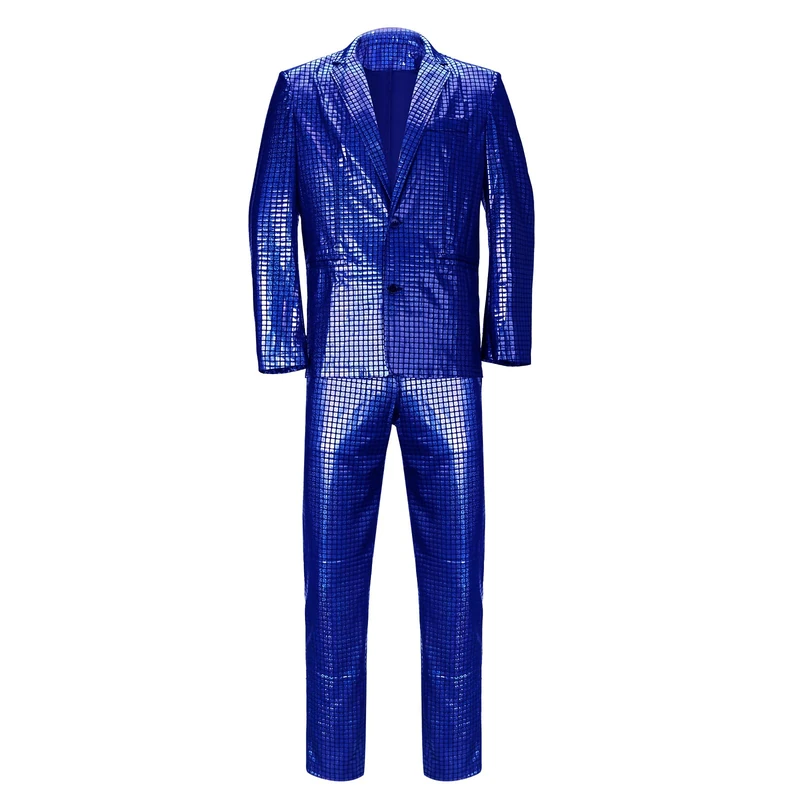 Men’s 2 Pieces Disco Costume Jacket Pants Outfit Set Adult 70s Shiny Metallic Sequin Halloween Cosplay Party Suit, Blue, M