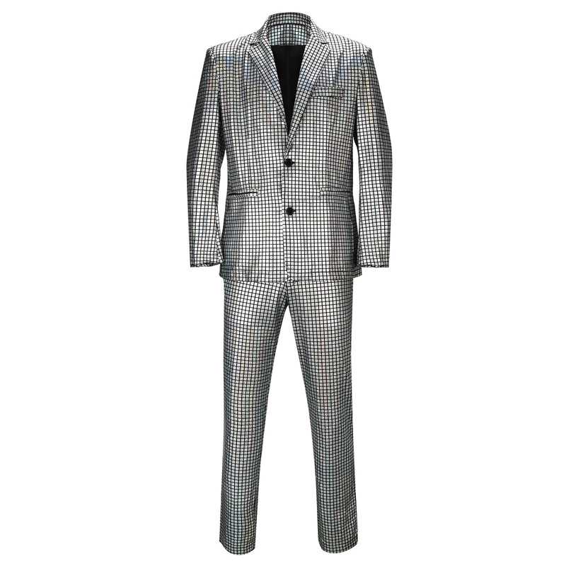 Men’s 2 Pieces Disco Costume Jacket Pants Outfit Set Adult 70s Shiny Metallic Sequin Halloween Cosplay Party Suit, Silver, XXL