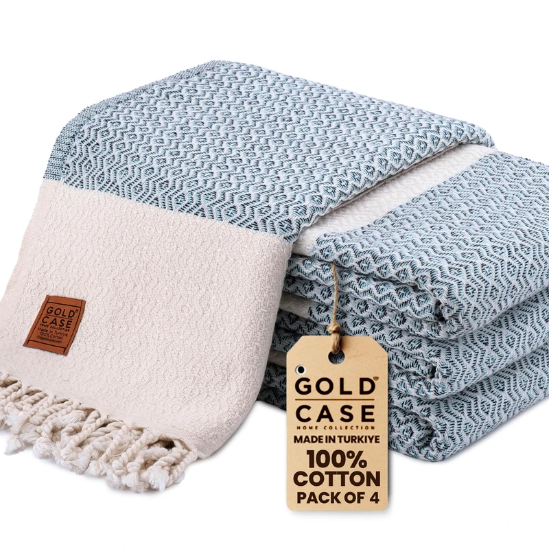 Gold CASE Turkish Beach Towel Set of 4 – 100% Cotton Large Turkish Bath Towels 67 x 38'' – Zeus Extra Large, Quick Dry & Sand Free Towels – Peshtemal for Pool – Aqua