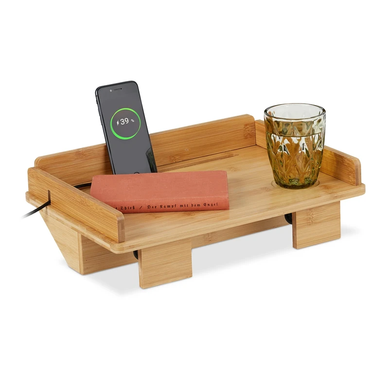 Relaxdays Bed Tray, Clamp-on Mini Nightstand, Shelf for Bed & Bunk-Bed, HWD: 11x38x26 cm, Cable Slot, Bamboo, Natural