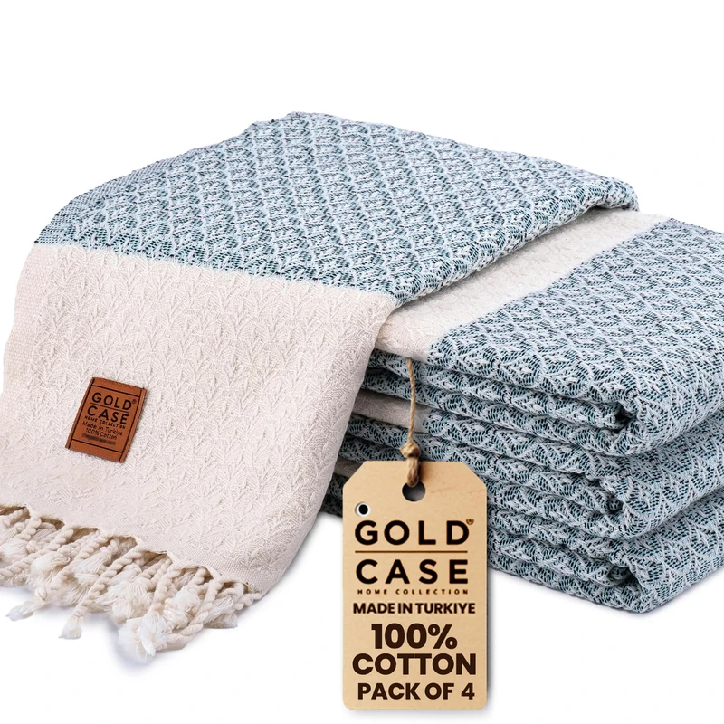 Gold CASE Turkish Beach Towel Set of 4 – 100% Cotton Large Turkish Bath Towels 67 x 38'' – Helen Extra Large, Quick Dry & Sand Free Towels – Peshtemal for Pool – Aqua