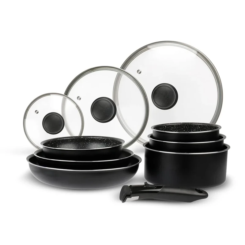 Sitram Aluminium Cookware Set 10 Pieces: 3 Frying Pans 20, 24, 28 cm + 3 Saucepans 16, 18, 20 cm + 3 Glass Lids 16, 20, 24 cm + Removable Handle, Suitable for All Heat Sources