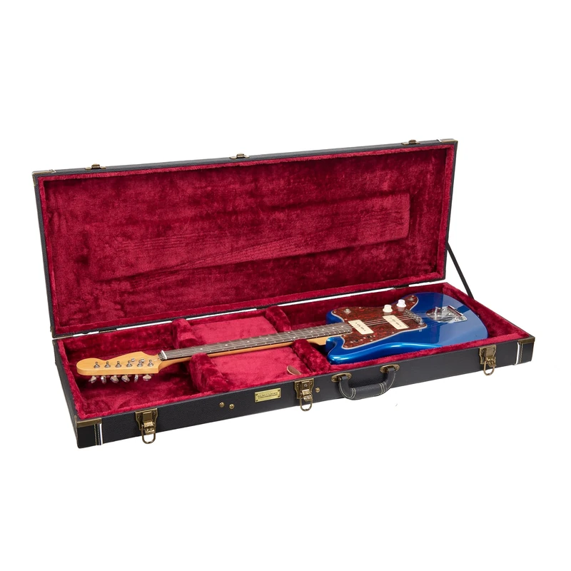 Crossrock Wooden Guitar Case for Jazzmaster (Modern Style) & Jaguar Electric Guitars | Black Finish, Vintage Hardware, Sponge Lining, Storage Compartment -Black (CRW520JMBK)