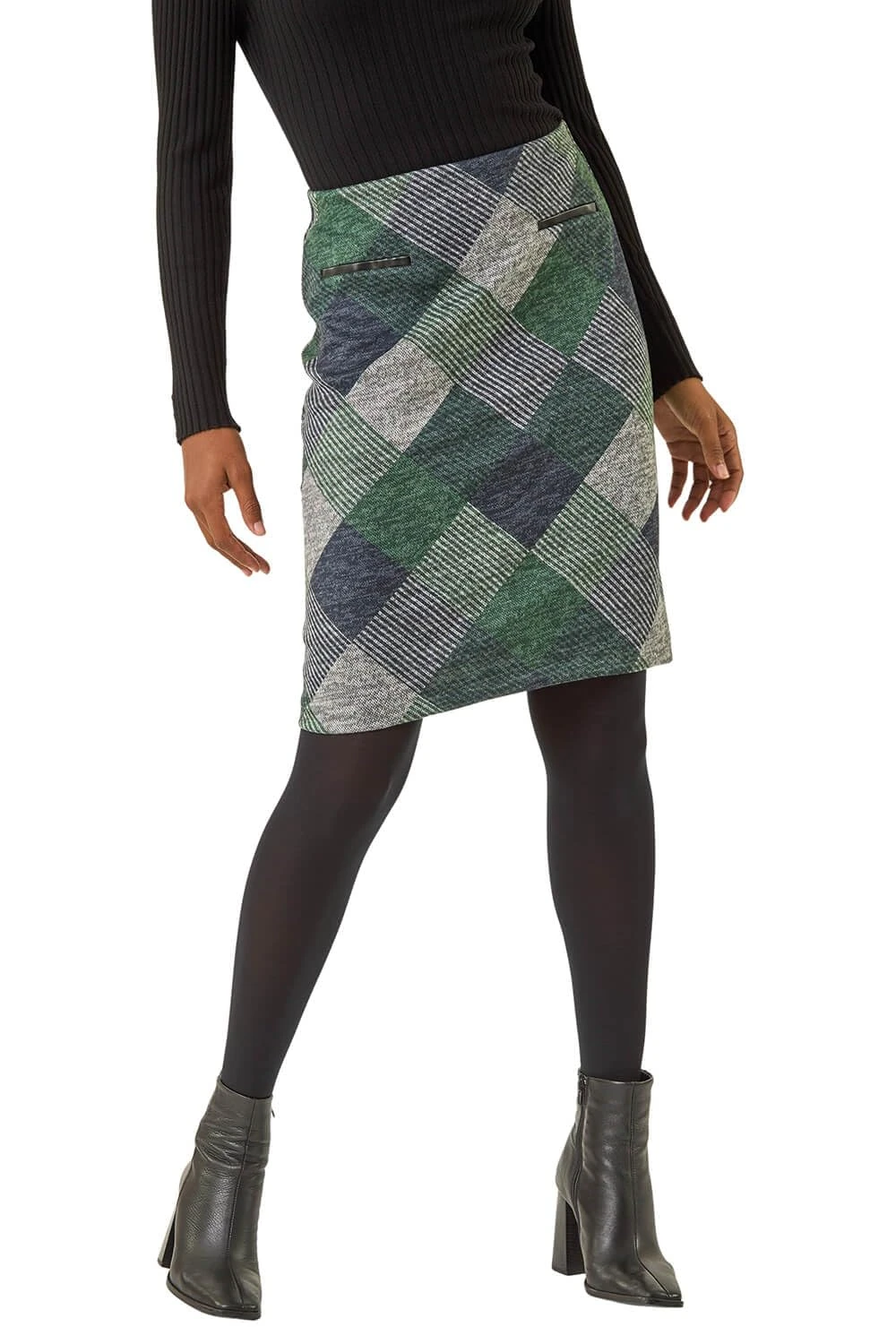 Roman Originals Short Skirt for Women UK Ladies Brushed Lined Stretch A-Line Winter Autumn Smart Casual Mini Fitted Bodycon Jersey Pull On Elasticated Waist Work Party - Green Navy - Size 20
