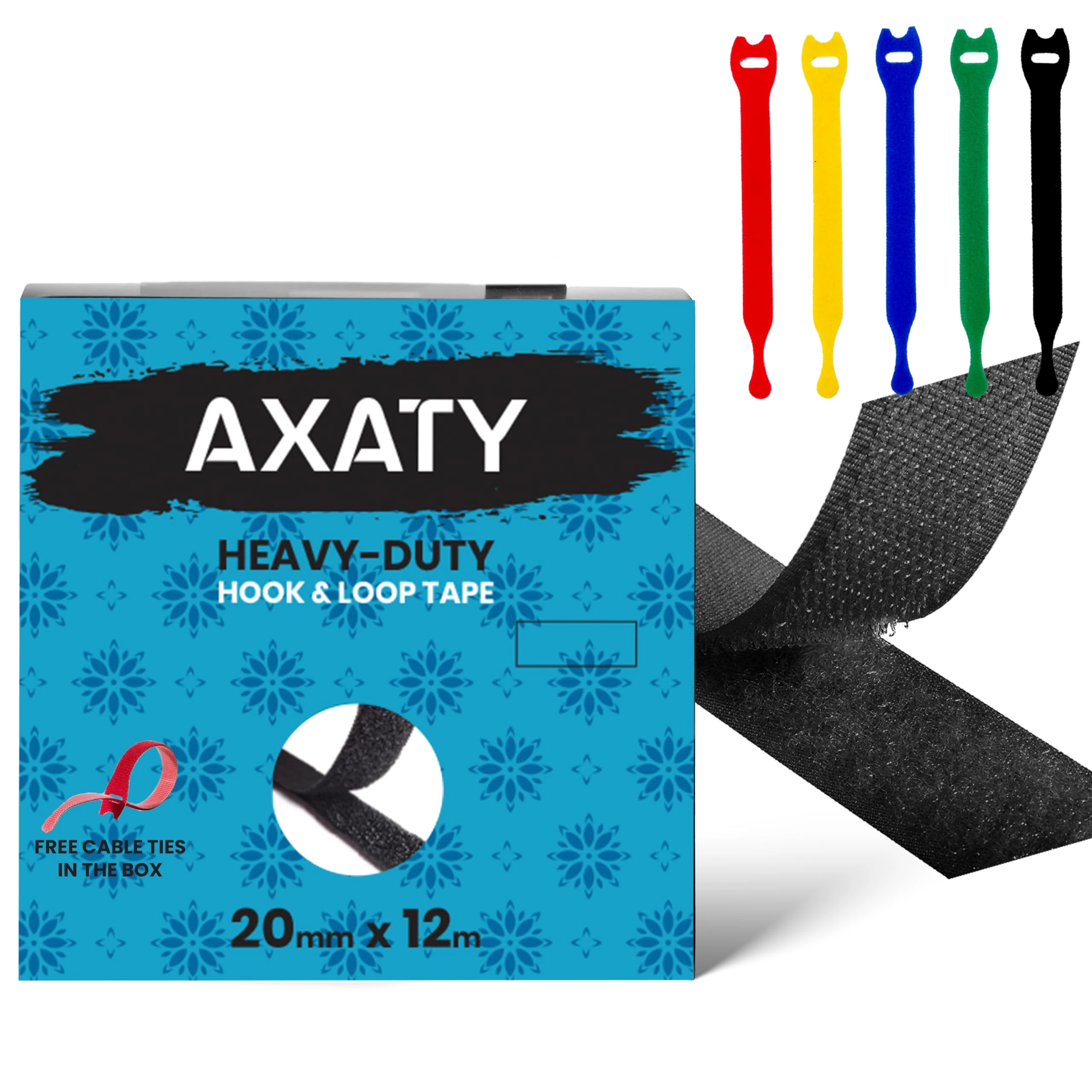 AXATY (20mm x 12m) Hook and Loop Tape Self Adhesive – Double Sided, Heavy Duty, Water Resistant - Nylon Strong Sticky Back Fastening Tape for Home, Office, DIY, and Crafts (Black, 20mm * 12 Meter)