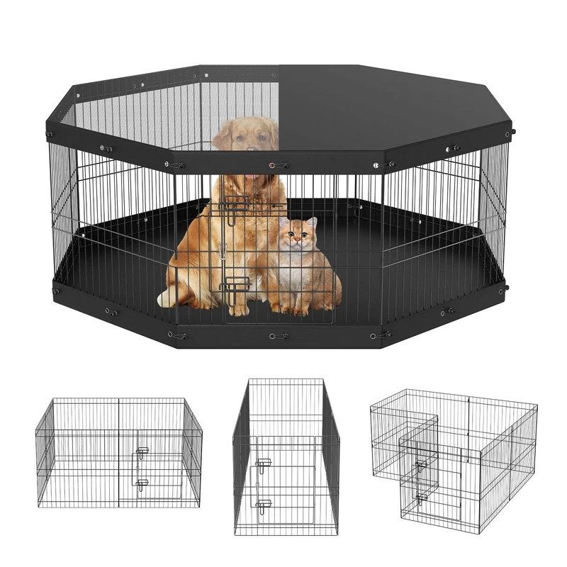VEVOR Foldable Metal Dog Exercise Pen with Top Cover and Bottom Pad, 24" H Pet Fence, Indoor Outdoor Dog Pen for Small Medium Pets, for Camping, Yard