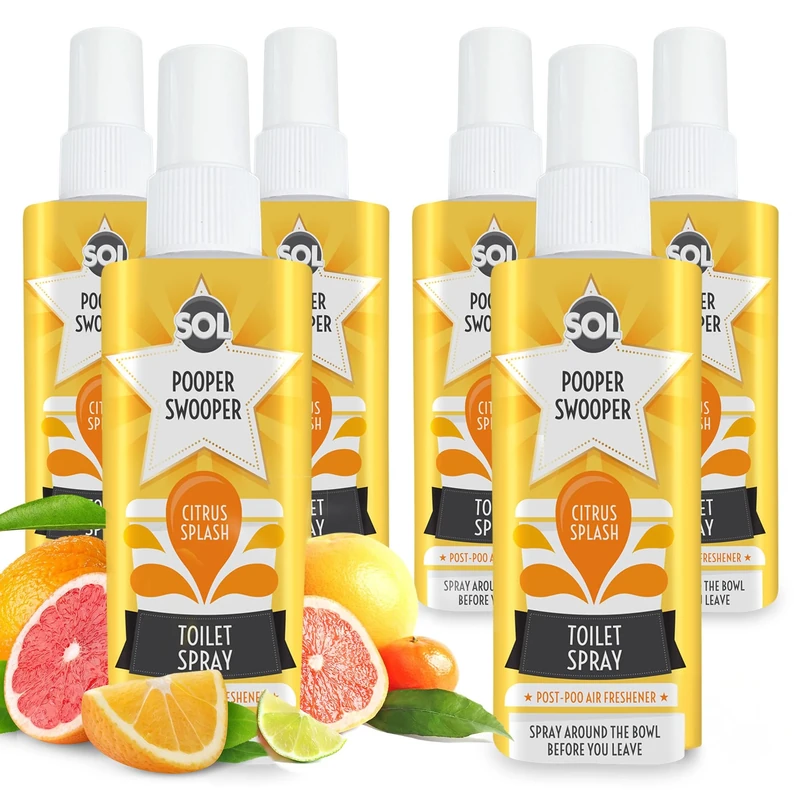 SOL 6pk x 60ml Pooper Swooper Toilet Spray Citrus Splash Fragrance 2,000+ Sprays Per Pack, Poop Air Freshener Refresher for Public Bathroom, Home,Travel-Friendly Cleaning Solution for Poo Odours