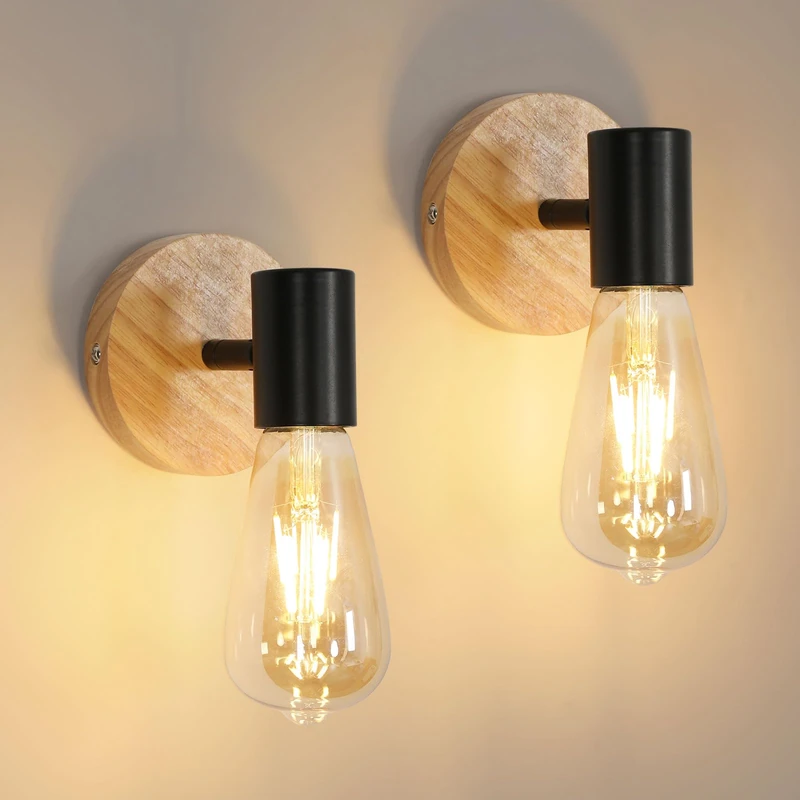 Comely Industrial Wall Light 2 Pack, Vintage Wood & Black Metal Indoor Wall Lamp, E27 Wall Sconce Fixture for Living Room Bedroom Kitchen Bar Pub (Bulb Not Included)