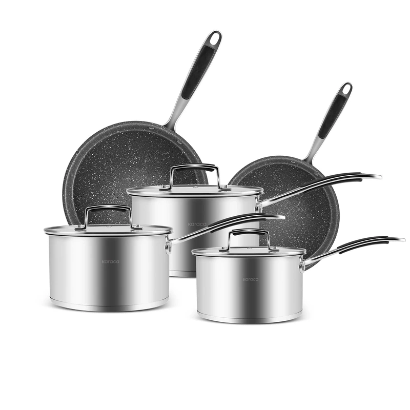 Karaca Pekka Stainless Steel Induction Cookware, 8 Pieces, Anthracite Silver, Delicious Dishes, Easy Cooking, Kitchen Aid, Meals Essential, Essential for Kitchens, Meals