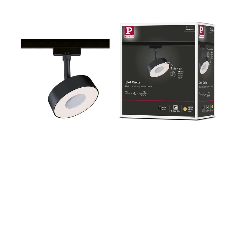 Paulmann 95589 3-Step-Dim Circle URail LED Rail spot 160lm 5W 3000K dimmable 230V Black matt Rail System - Image 1