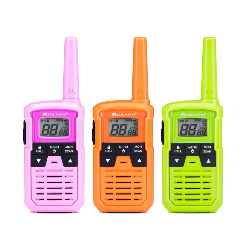 Midland- XT10 PRO Walkie Talkies for Family Multicolor, 3 Transceiver Radios for Families Outdoor & Camping Games - 16 PMR446 Channels License-Free 20H/4km, 38 CTCSS Tones, VOX SCAN Call AAA Batteries