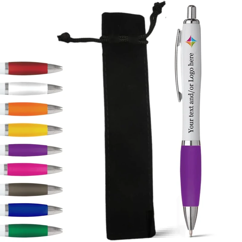 stika.co Purple Promotional Pen with Velvet Pouch - Personalised Rubber Ballpoint Pens for School, Work, and Events - UV printed vibrant colors, with large branding space