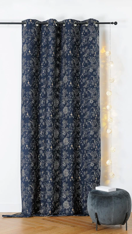 LINDER - Upcycled Fabric Curtain - Woven and Dyed in France - Astral Style - Gunmetal Colour Eyelet Finish - Navy Blue and Gold - Dimensions 140 x 260 cm - Astro Collection