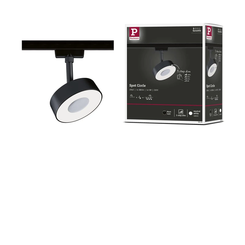 Paulmann 95595 3-Step-Dim Circle URail LED Rail spot 180lm 5W 4000K dimmable 230V Black matt Rail System - Image 1