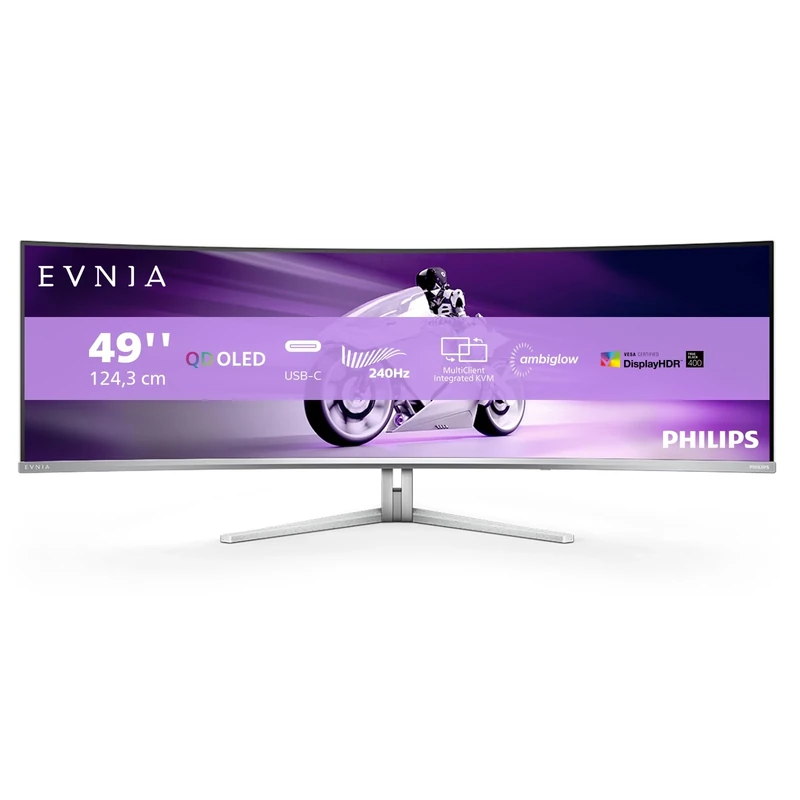 Philips Evnia 49M2C8900-49 inch OLED DQHD Curved Gaming Monitor, 240 Hertz, 0.03ms GtG, HDR400, Ambiglow (5120x1440, HDMI 2.1, DisplayPort 1.4, USB-C, USB Hub) white