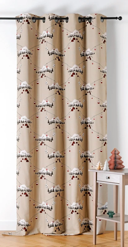 LINDER - Upcycled/Recycled Fabric Curtain - Woven and Dyed in France - Mountain Style - Gunmetal Colour Eyelet Finish - Beige and Red - Dimensions 140 x 260 cm - Chamonix Collection