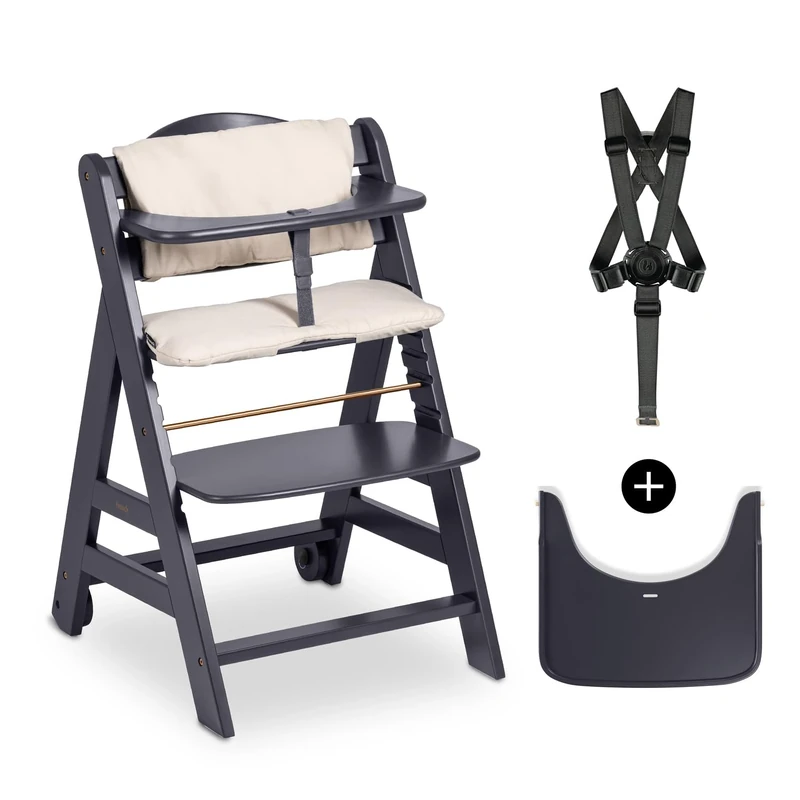 hauck Beta+, Dark Grey - Wooden High Chair Set from 6 Months to 90 kg - with Wheels, Seat Cushion, Wooden Tray & Bumper Bar, 5 Point Harness & Crotch Strap - Made from FSC Certified Beechwood