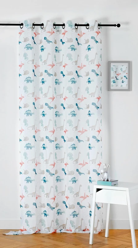 LINDER Dinosaur Pattern Net Curtain for Children – Woven and Dyed in France – Jurassic Style – Ecru, Blue and Terracotta – Rifle Cannon Eyelets – 150 x 240 cm – 100% Polyester – Dino Collection