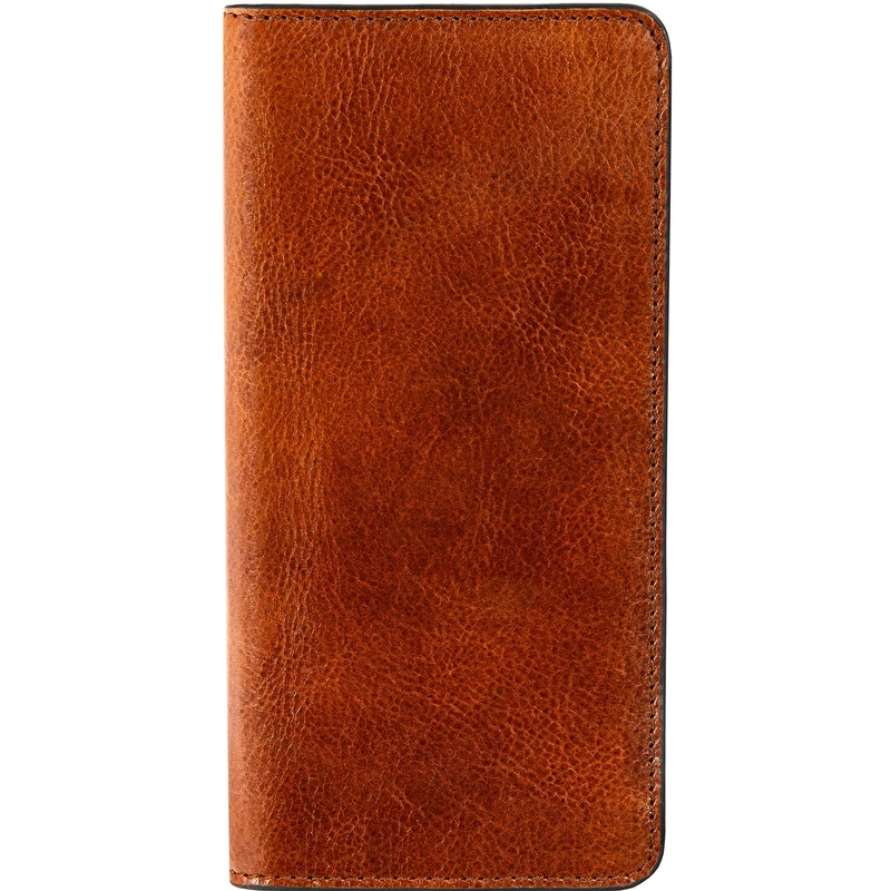 Time Resistance Leahter Wallet - Cognac Brown Full Grain Leather Suit Money Holder - Breast Pocket Tall Billfold Card Wallet - Luxurious Slim Wallet Made in Italy