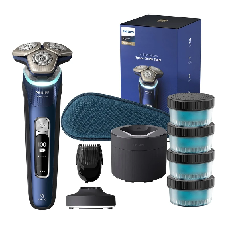 Philips Shaver Series 9000 - Wet and Dry Electric Shaver for Men in Blue with Lift & Cut, SkinIQ Technology, Pop-up Trimmer, Cleaning Pod, Beard Styler, Charging Stand, Travel case (Model S9980/74)