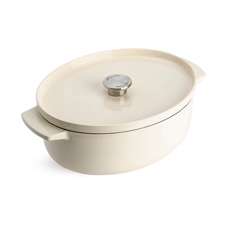 KitchenAid Cast Iron Ø30cm/5.6L Oval Casserole with Lid,High-Quality,Robust & Durable,Searing,Browning or Frying,PFAS-Free Enamel Interior,Induction,Ergonomic Handle,Oven Safe up to 260°C,Almond Cream