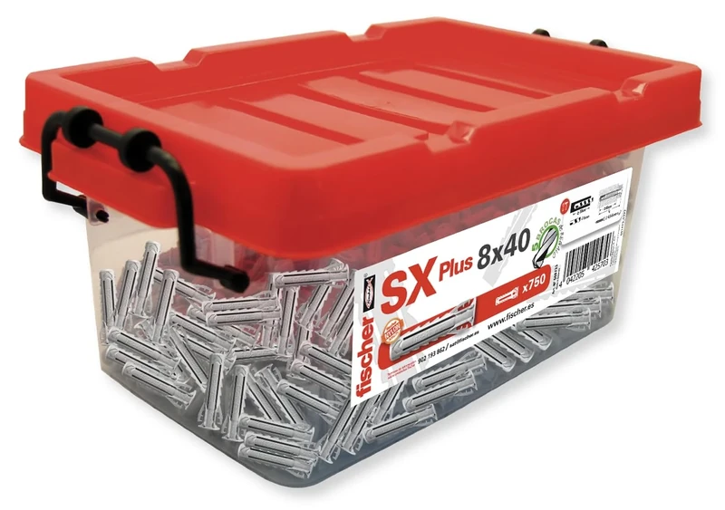 fischer 568733 – BigBox Wall Plugs for Concrete SX Plus 8 x 40 for Fixing Lamps, Frames, Air Conditioners | Big Box 750 Pieces + 4 Drill Bits Diameter 8