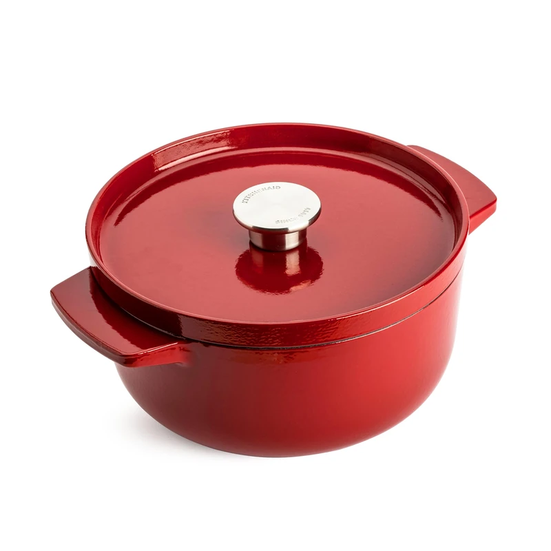 KitchenAid Cast Iron Ø 22cm/3.3 Litre Casserole with Lid, High-Quality,Robust & Durable,Searing,Browning or Frying,PFAS-Free Enamel Interior,Induction,Ergonomic Handle,Oven Safe up to 260°C,Empire Red