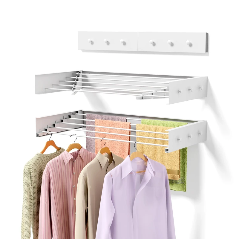 ZMBESUP Upgrade Laundry Drying Rack, 31.5" Drying Rack Clothing Wall Mounted,Foldable, 5 Aluminum Rods with 6 Hooks, Space-Saving White Collapsible Drying Racks Hanger for Laundry Bathroom
