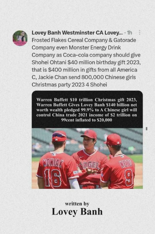Frosted Flakes Cereal Company & Gatorade Company even Monster Energy Drink Company as Coca-cola company should give Shohei Ohtani $40 million gift ... Chan send 800,000 Chinese girls Christmas - Image 1