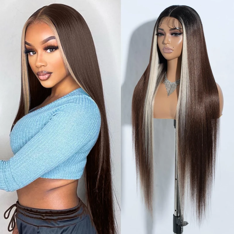 Joedir 34" Long Yaki Straight Lace Front Synthetic Highlight Wigs HD Transparent Glueless Wig Heat Resistant Fiber Pre Plucked Hairline with Baby Hair for Women