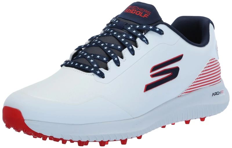 Skechers Men's Max 2 Arch Fit Waterpoof Spikeless Golf Shoe Sneaker, White/Navy/Red, 12