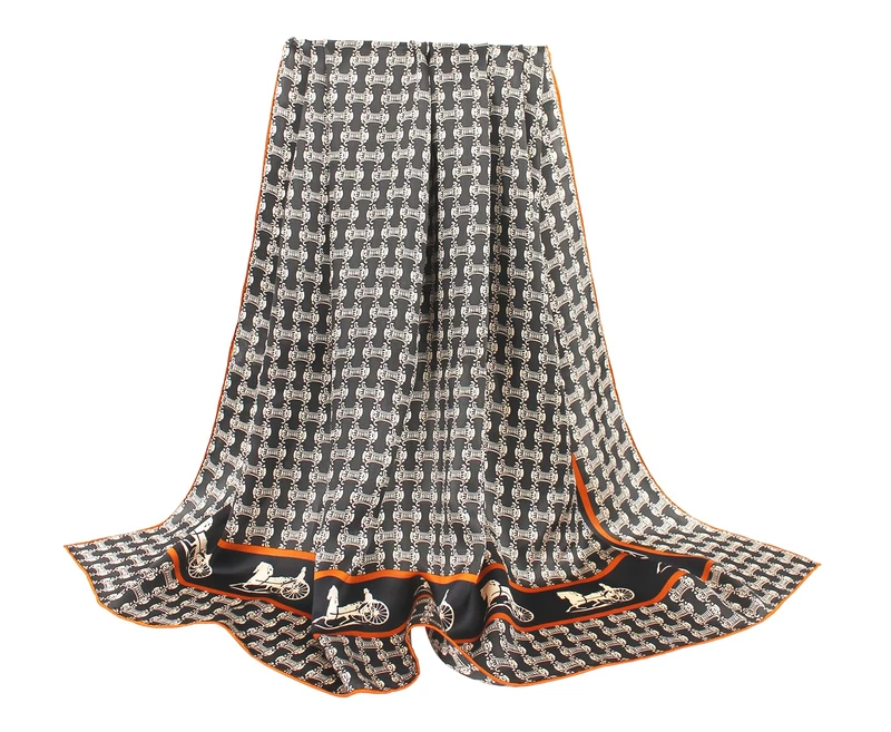 ANDANTINO 100% Pure Mulberry Silk Scarf 43" Large Square Lightweight Headscarf& Shawl–Women Hair Wraps-With Gift Packed, Black-carriage, Large